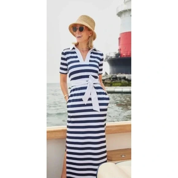 Dudley Stephens Madaket Maxi in Navy Cabana Stripe Sz S Belted Polo Collar Luxe - Picture 12 of 13